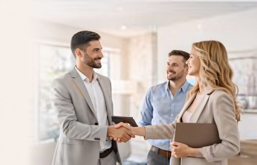 “couple meeting home builder for custom house planning”